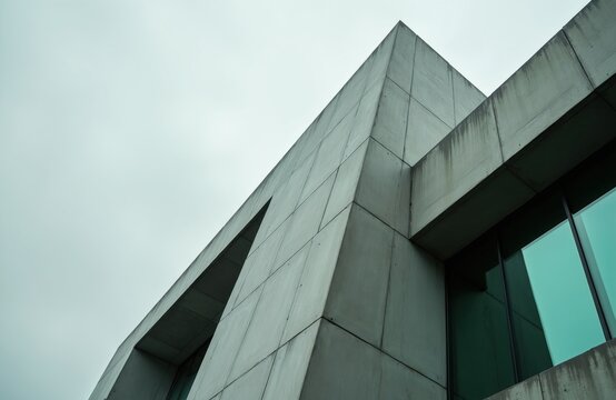 Low angle view of modern building corner with precast grey concrete panels, green tinted glass windows. Futuristic skyscraper exterior shows geometric lines against cloudy sky. Urban office block