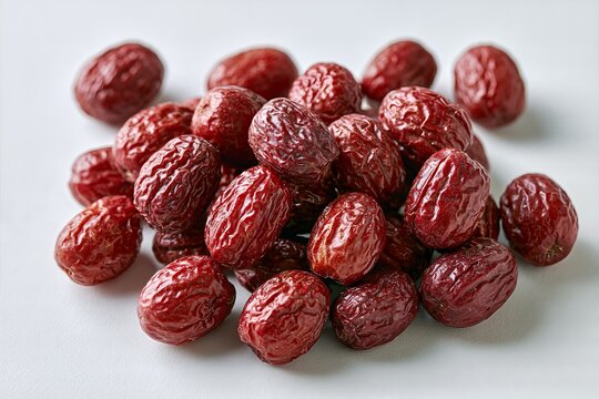 Pile of Korean dried jujubes on white background, traditional herbal ingredient close up still life
