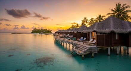 Fototapeta premium Overwater bungalows on wooden pier in tropical maldives lagoon at sunset with palm trees and island