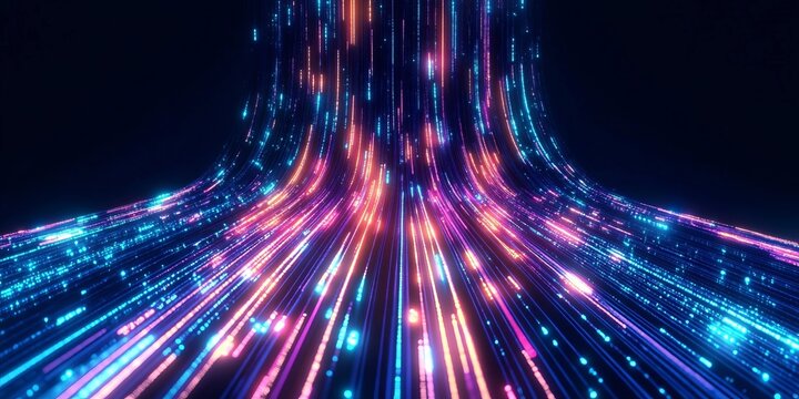 Abstract Digital Energy Streaming Towards Horizon Creating Modern Glowing Information Network Mesh