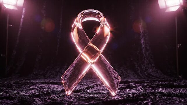Abstract 3d render of a glowing, liquidlike crystalline ribbon or wave form floating above a dark, textured surface. Breast cancer awareness month. October.