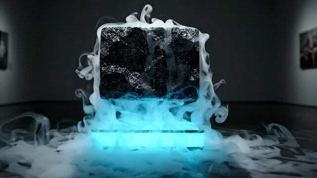 Abstract Blue Cube Glows, Emitting Light and Smoke in Dark Gallery Art Exhibit, Surreal Surreal Installation Evokes Mystery, Futuristic Design for Searchable URL
