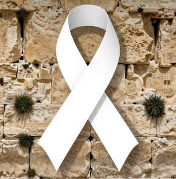 White ribbon against ancient stone wall texture
