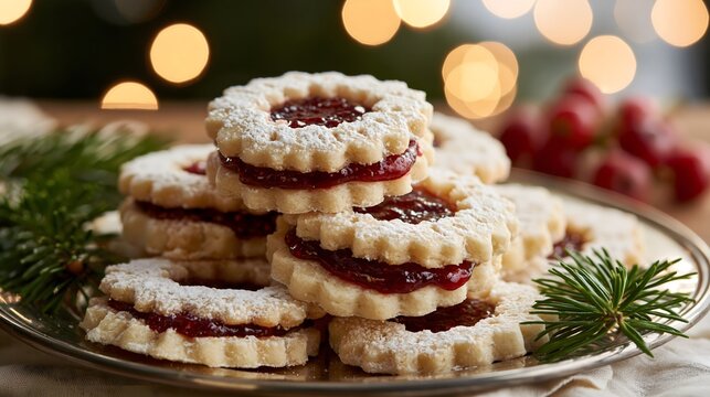 Linzer cookie with raspberry jam on plate. Traditional Austrian biscuit with powdered sugar for Christmas celebration. Sweet holiday dessert pastry for winter festive season snack party.
