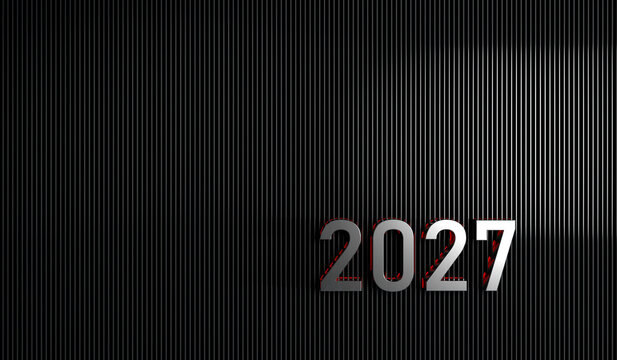 2027 New Year greeting card banner with chrome 3D numbers and subtle red glow on dark metallic corrugated background with copy space - 3D rendering