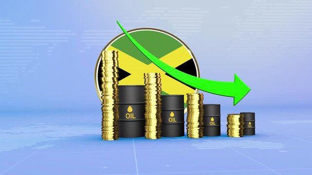 Jamaica Oil Prices Decline with Oil Barrels, Gold Coins and Downward Green Arrow, 3D Economic and Financial Market Concept