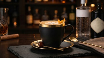 Fototapeta premium Black ceramic cup with latte art on saucer in bar interior