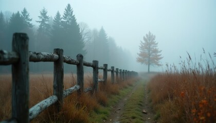 Fototapeta premium Old wooden fence stands along dirt path in foggy autumn field. Yellow grass grows near meadow border during cool morning weather. Trees loom in thick mist background. Rural landscape shows calm