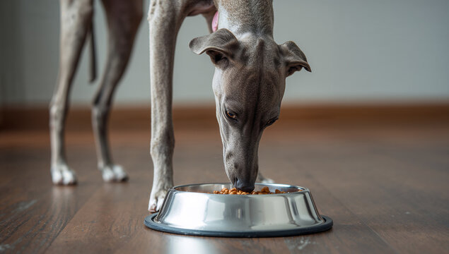 スリムな体つきで長いマズルを伸ばしエサ皿のフードを食べるイタグレ