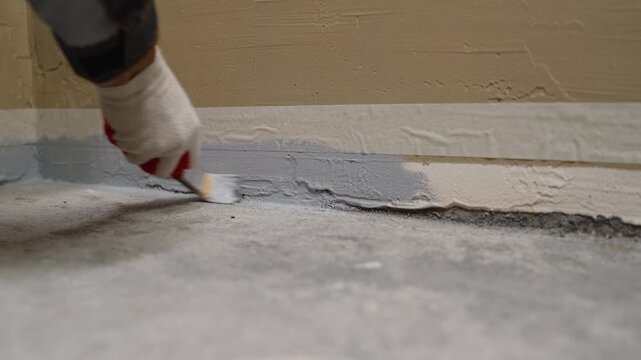 Closeup of gloved hand applying gray paint to baseboard with brush. Beige wall, concrete floor, natural indoor lighting. Focus on renovation, home improvement, DIY projects