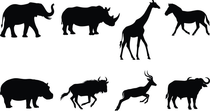 African Wildlife Animal Silhouette Collection Featuring Elephant Rhino Giraffe Hippopotamus Buffalo and Antelope