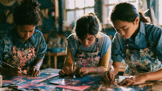 Three diverse teen girls creating art in bright studio