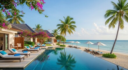 Fototapeta premium Infinity pool at tropical beach resort with palm trees, sun loungers, and ocean view, sunny day