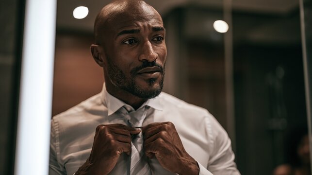 Black man adjusting silk tie in moody luxury hotel bathroom mirror