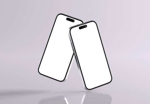 Two mobile phones floating on clean soft purple white. 3d rendering mockup