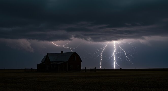 A house stands alone in a field as a lightning storm approaches quickly outdoors at night