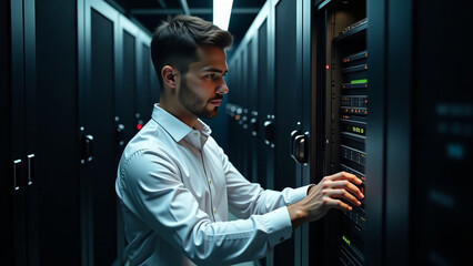 Fototapeta premium An IT specialist in iteration a white shirt works diligently in a busy server room