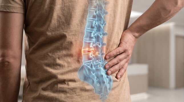 Bulging Lumbar Disc Causing Lower Back Pain with Transparent Spine Anatomy Overlay on a Man