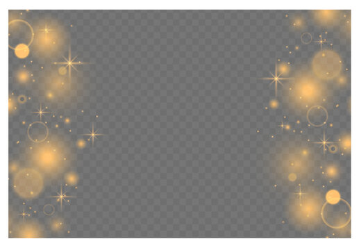 Golden sparkle and glowing bokeh lights on transparent background. Luxury glitter shiny dust and stars overlay. Soft glowing sparkling magical bokeh light. Christmas vector light effect.