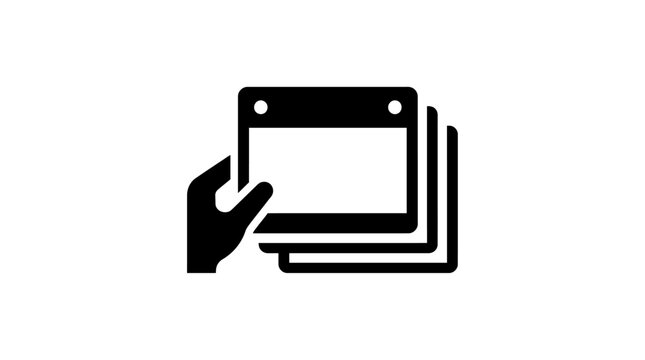 Black and White Vector Icon Depicting a Hand Selecting or Flipping Through Multiple Paper Sheets or Calendar Pages for Organization Tasks