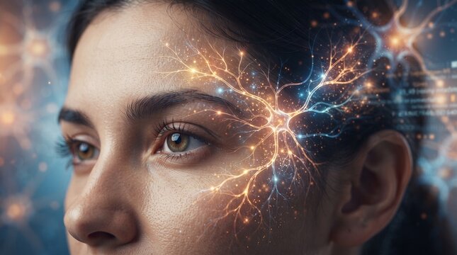 Neural Network of Thought: A close-up of a woman's profile, her mind visualized as a vibrant network of glowing neural pathways, symbolizing intelligence, consciousness.