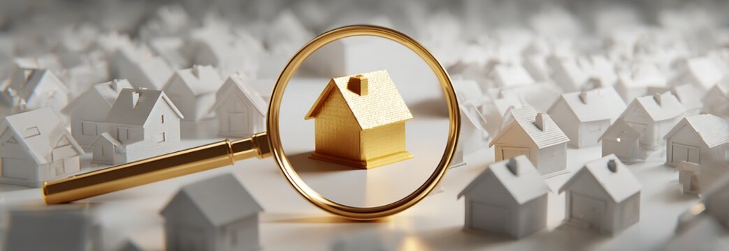 Group of white toy houses with one single golden house under an magnifying glass on white background - 3D illustration