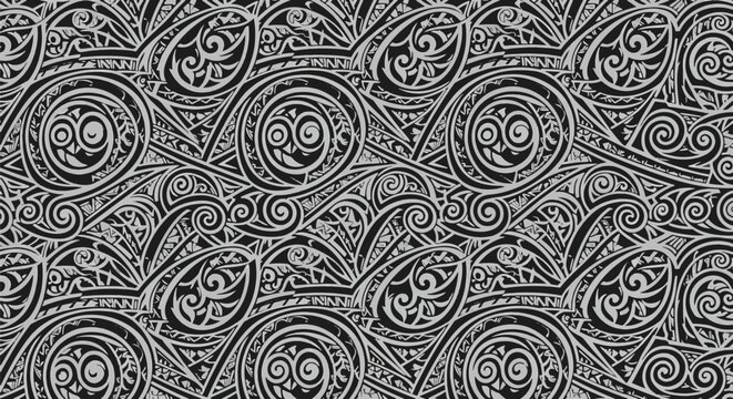 Seamless Maori tribal pattern featuring intricate koru swirls, black and silver geometric shapes, and traditional Polynesian art motifs for background or textile design projects.