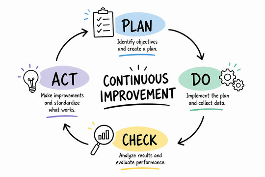 A diagram illustrating the Plan-Do-Check-Act cycle of continuous improvement.