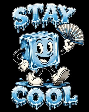 Vintage cartoon ice cube character holding a hand fan with melting Stay Cool text illustration
