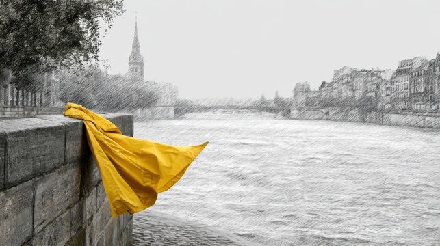A drawing or cross-hatched sketch in a black-and-white style featuring a single bright yellow object. The composition depicts a wide river with distant buildings and a church bell tower.
