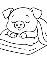 Obraz premium Cute pig sleeping: A cartoon illustration of a cute little pig sleeping soundly on a pillow, dreaming sweet dreams.