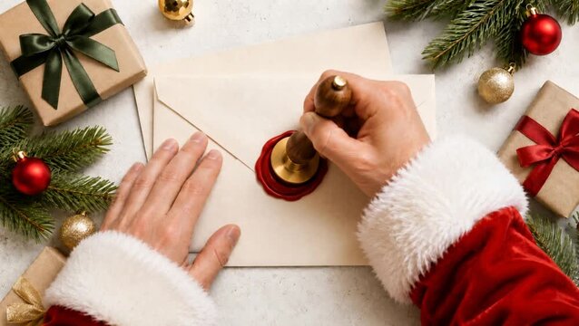 Santa Claus hands sealing Christmas envelope with wax stamp. Holiday letter video. Festive mail and gift message. Christmas greeting concept.