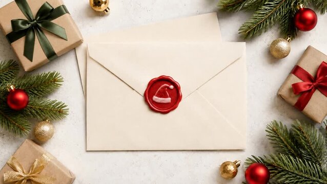 Santa Claus hands revealing sealed Christmas envelope. Red wax stamp with santa hat. Festive holiday mail. Christmas greeting video.