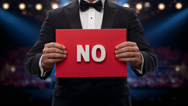 きらびやかなステージ上で反対や拒否の「NO」と書かれた赤いカードを両手で示す司会者