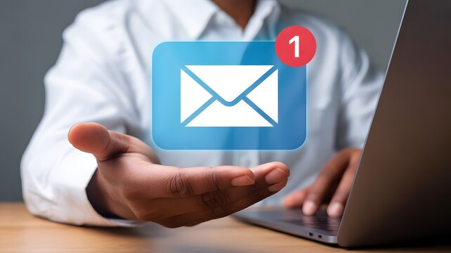 Marketing concept. Customer service call center contact us. Man using laptop pc with email icon. Direct selling project in customer list business for email.