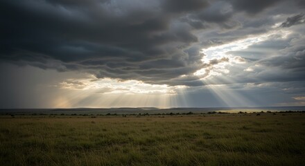Obraz premium A dramatic stormy landscape with sun rays breaking through dark clouds over a vast grassy field