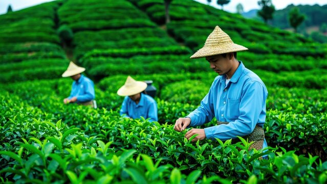 Tea Plantation Workers Harvesting: Three farmers, wearing conical hats, diligently harvest tea leaves on a lush, terraced tea plantation under a clear sky.