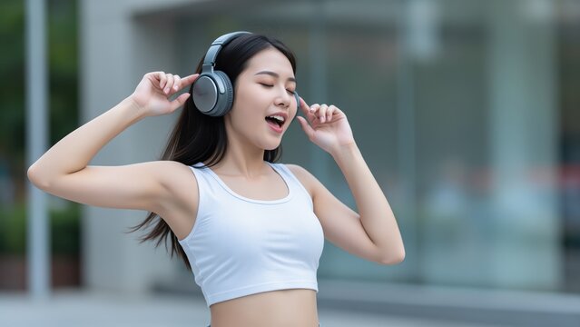 Melodic Urban Rhythm: A joyful young woman dances and sings while wearing wireless headphones in an outdoor setting.