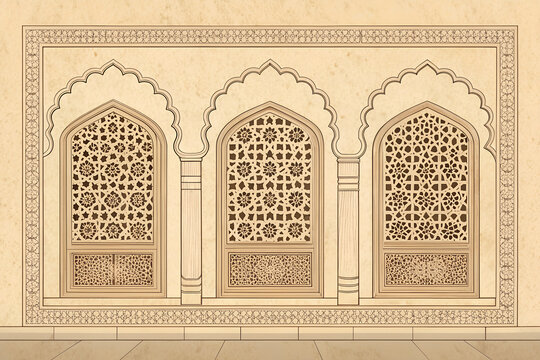 Minimal flat vector illustration of three traditional Mughal jali windows carved into sandstone wall, beige monochrome palette,