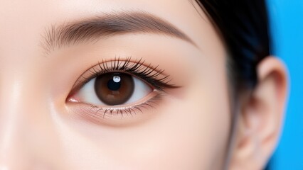 Naklejka premium Close-up of a Woman's Eye: A detailed macro shot focuses on a woman's beautiful brown eye, showcasing long lashes and a well-defined brow against a vibrant blue background.