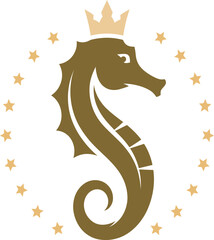 Golden seahorse silhouette icon centered within a circular star frame with sea life, seahorse © md