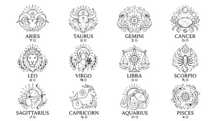 Zodiac signs collection with 12 astrology icons, mystical horoscope symbols in thin line style, celestial star sign vector illustrations © Rehana