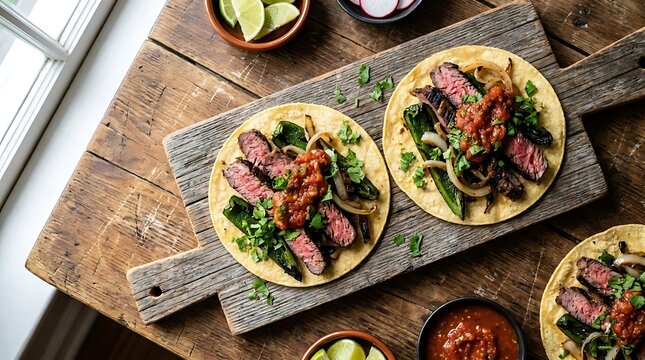 Freshly prepared grilled steak tacos with seared flank steak, grilled onions, peppers, and salsa on rustic wooden board for a delicious mexican dinner