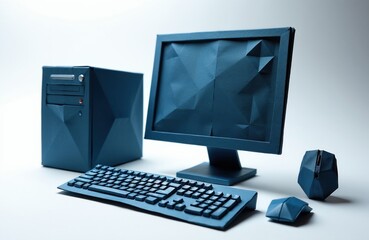 Fototapeta premium Blue paper computer setup sits on white table. Handmade origami monitor keyboard mouse, system unit model create artistic tech workspace. Minimalist craft design displays creative paper folding art