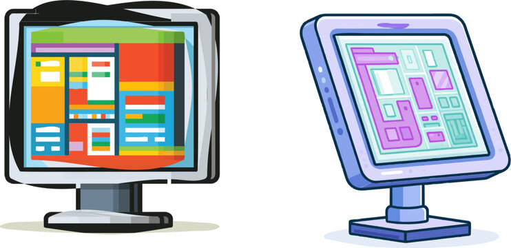 The vibrant flat vector icon of a digital interactive shopping mall directory map features bright colors, modern UI style, clean lines, and is isolated on a pure white background, showcasing an