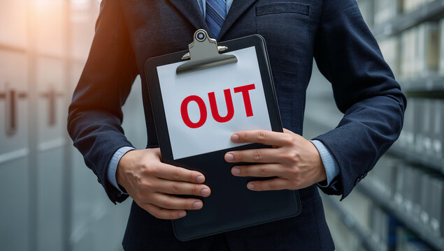 書類棚の前で発送・外部送出トレイを示す「OUT」の用紙が入ったバインダーを持つ事務スタッフ
