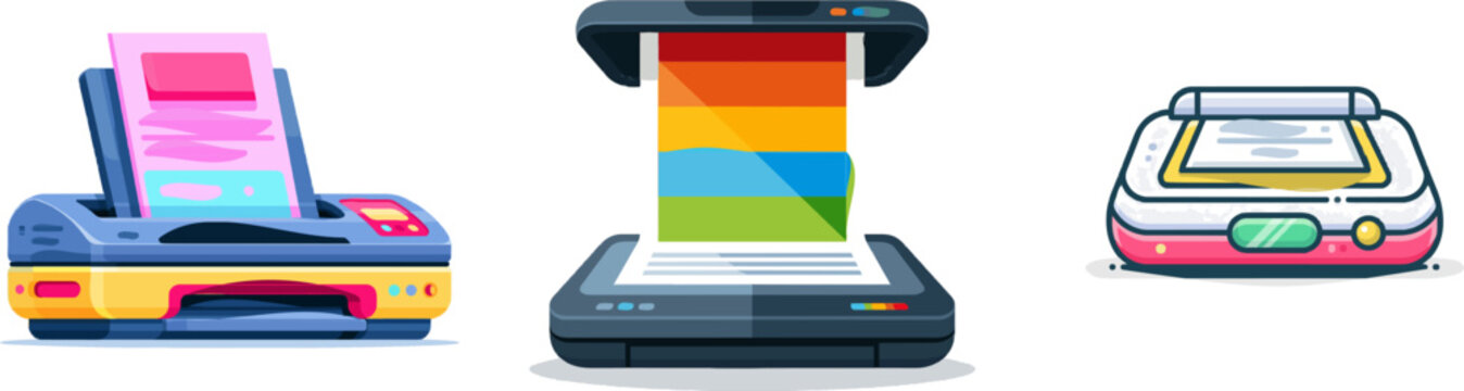 A vibrant flat vector icon of a desktop document paper scanner features bright colors and modern UI design elements against a clean white background