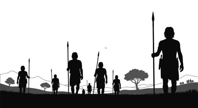 Black and white silhouette of ancient tribal hunters with spears in a landscape of hills and trees. Factual vector illustration of primitive warriors marching through a valley.