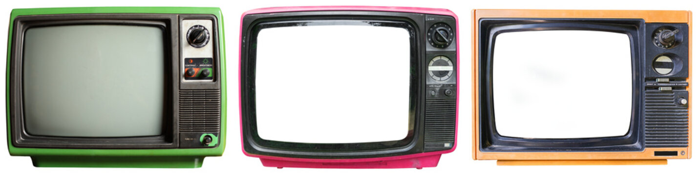 Three vintage televisions in different colors: green, pink, and orange, isolated on a white background.