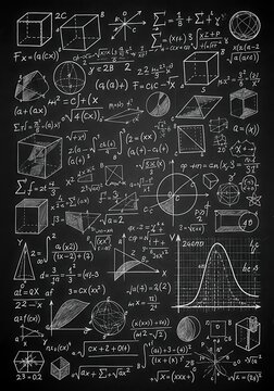 Complex Mathematical Formulas and Geometric Shapes Hand Drawn on a Black Chalkboard Background for Education and Science